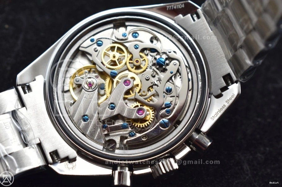 Speedmaster Movement Sapphire Back Crystal Winding OMF Transparent with Manual SS Chrono SS on Dial Black Bracelet MoonWatch 0106